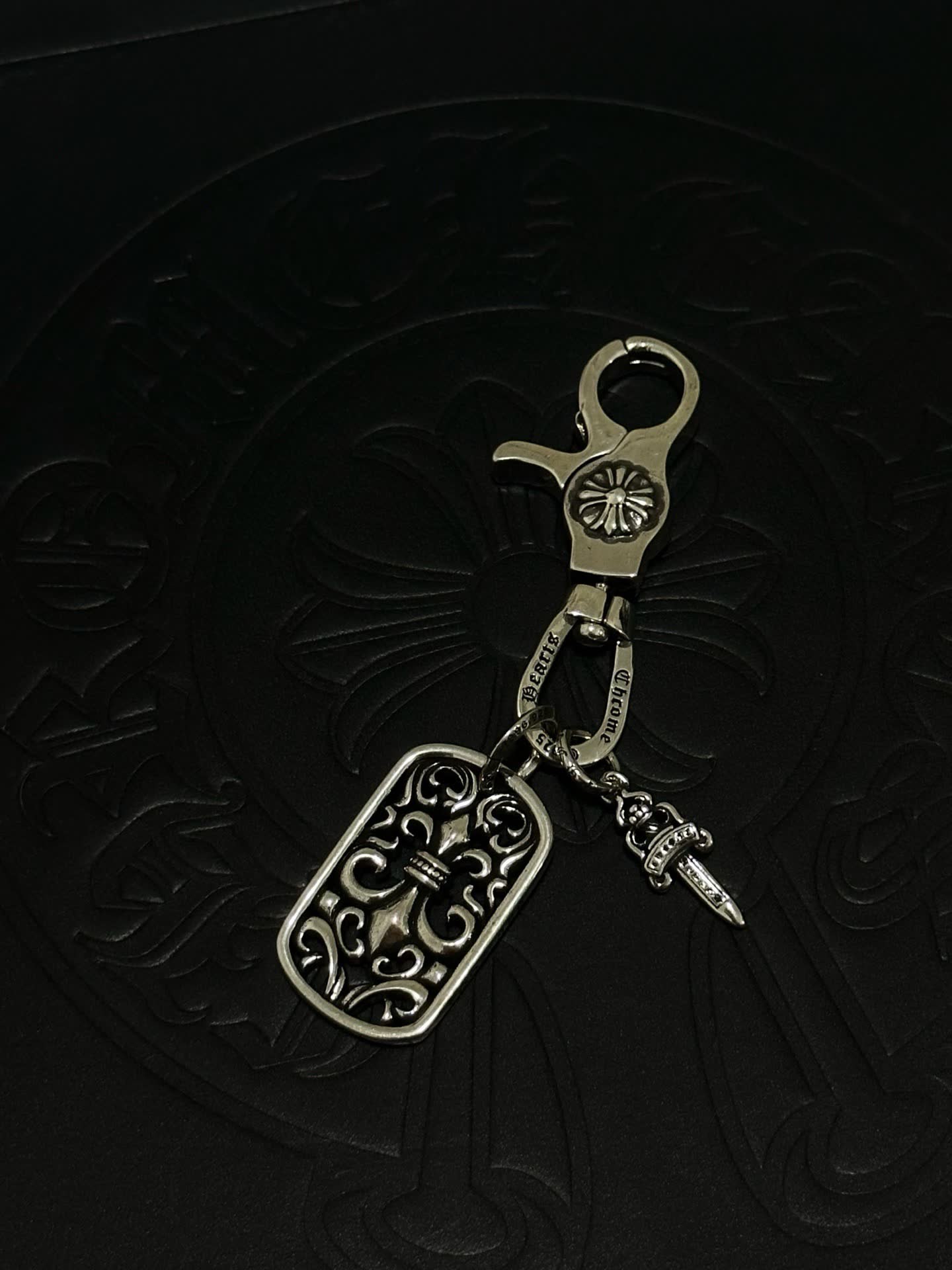 Chrome Hearts Charm Keychain with Fleur-de-lis and Dagger